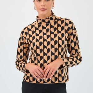 Mock-Neck Heart-Print Sweater Top in Tan and Black